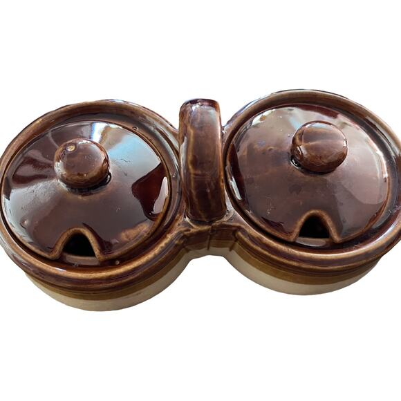 Vintage Brown Drip Glaze Double Pot Condiment Serving Stoneware - Picture 3 of 4